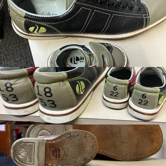 Three pairs of worn rental bowling shoes, numbered on the heels, above a shoe sole.