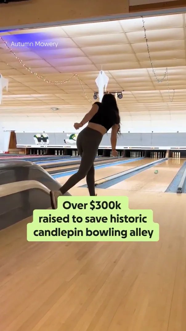Autumn Mowery bowls in a bright alley; a caption reads “Over $300k raised to save historic candlepin bowling alley”.